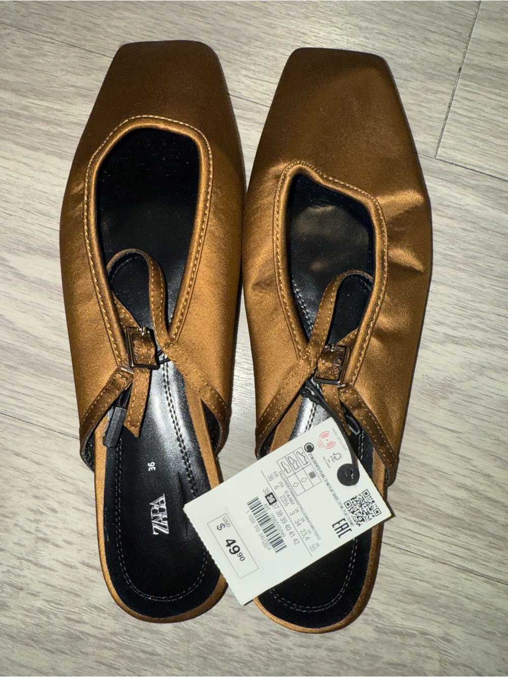 ZARA Bronze Satin Square-Toe Mules with T-Strap